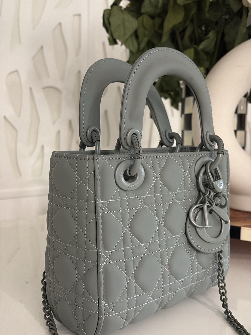 Dior Mini Lady Tote in Soft Grey-Blue Leather